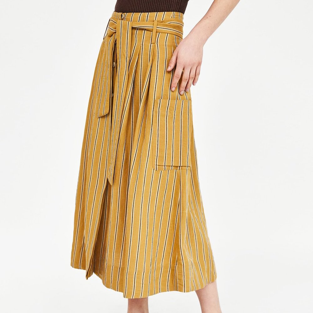 Zara Voluminous Linen Blend Striped Skirt with Bow Detail - Picture 2 of 8